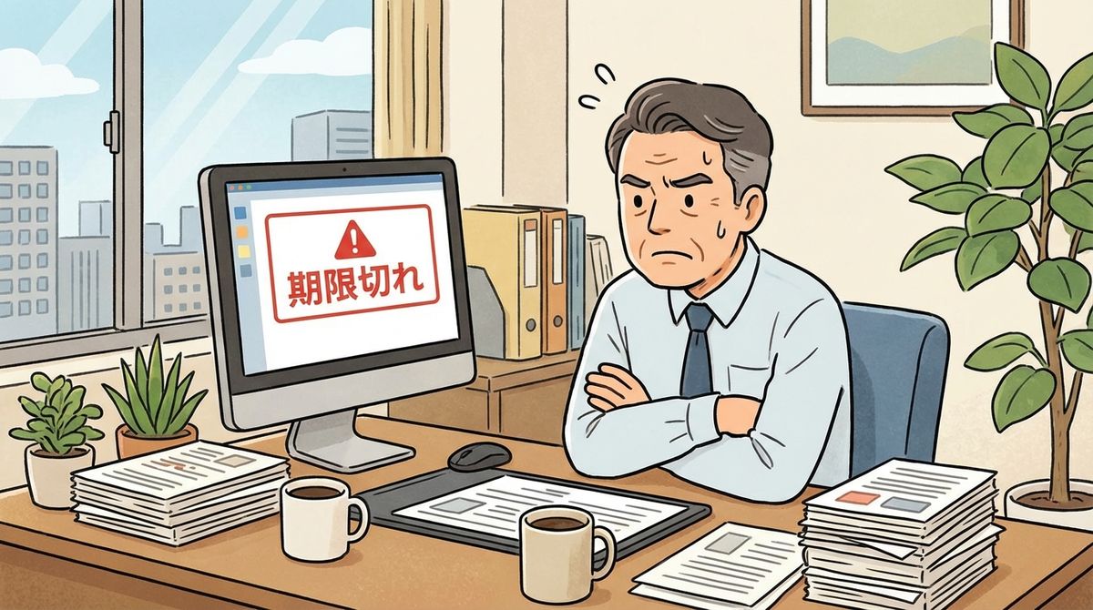 期限切れ警告が表示されたPC画面